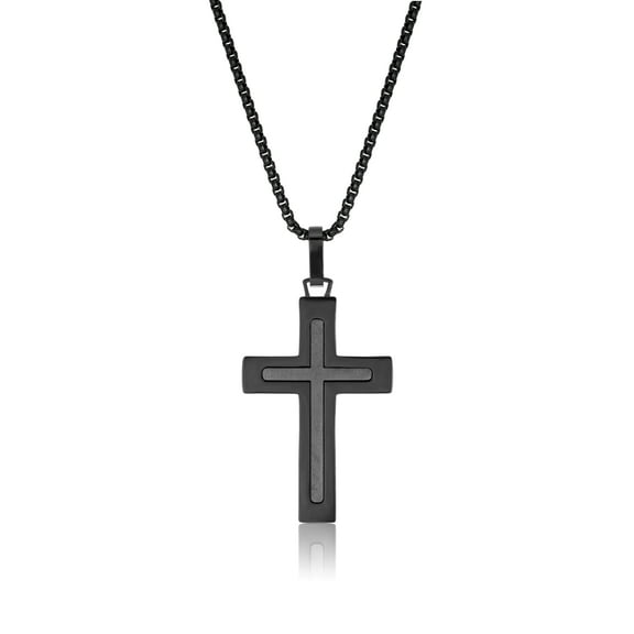 Layered Cross Pendant Necklace for Men in Stainless Steel with Black Ion Plating 24 Inches Round Box Chain 2 mm Wide Lobster Claw by Metro Jewelry