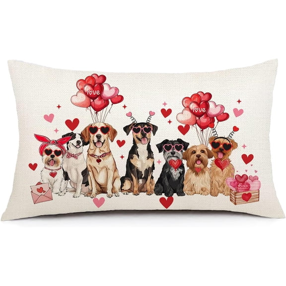 Valentine''s Day Pillow Covers 12x20 Inch Red Love Heart Valentines Decorations Cute Dog Pets Pillows Decorative Throw Decor for Home Sofa Couch Living Room Outdoor