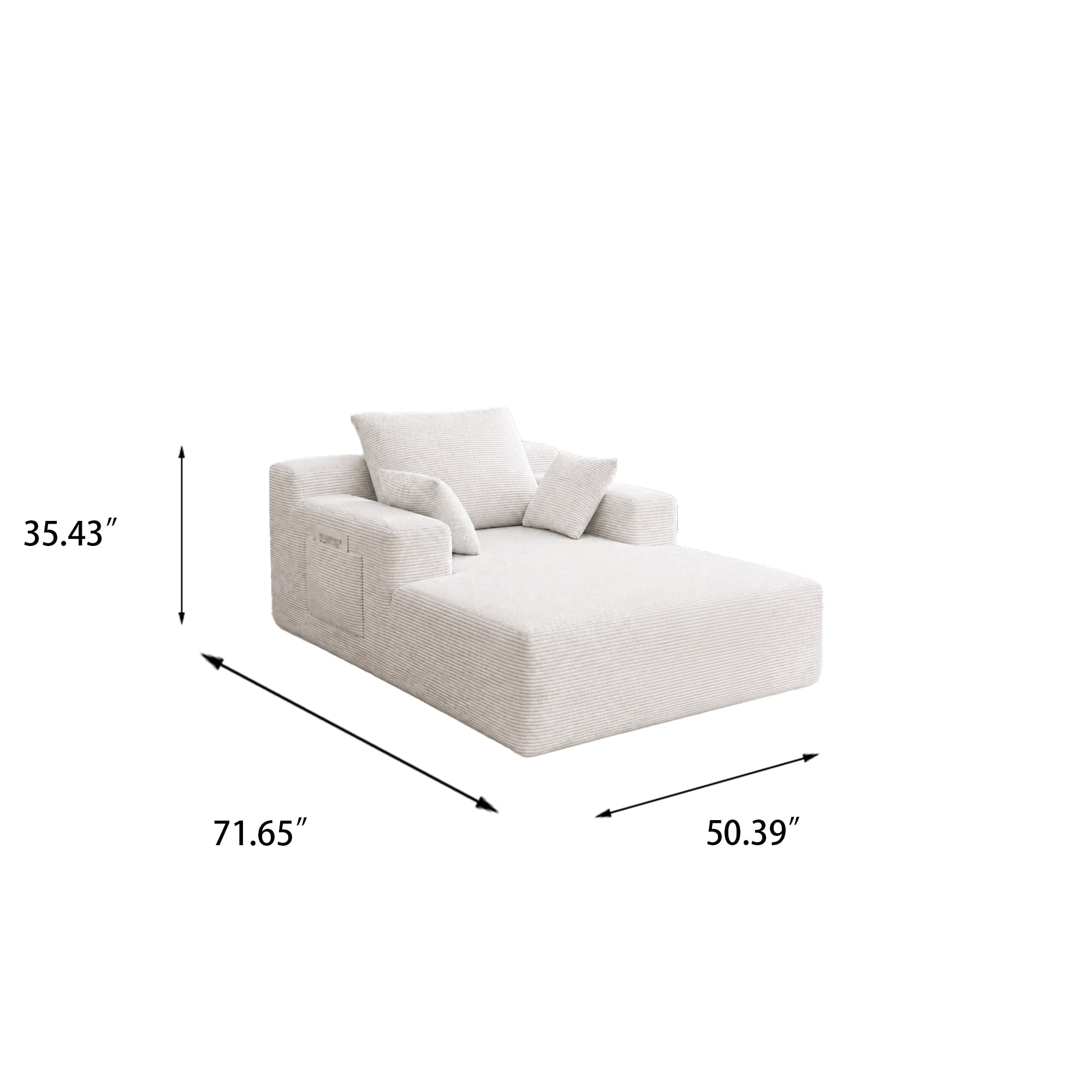 71.65" Corduroy Chaise Lounge Sofa with Cup Holders & Storage Pocket, No Assembly, Oversized Deep Seat with Pillows, Beige