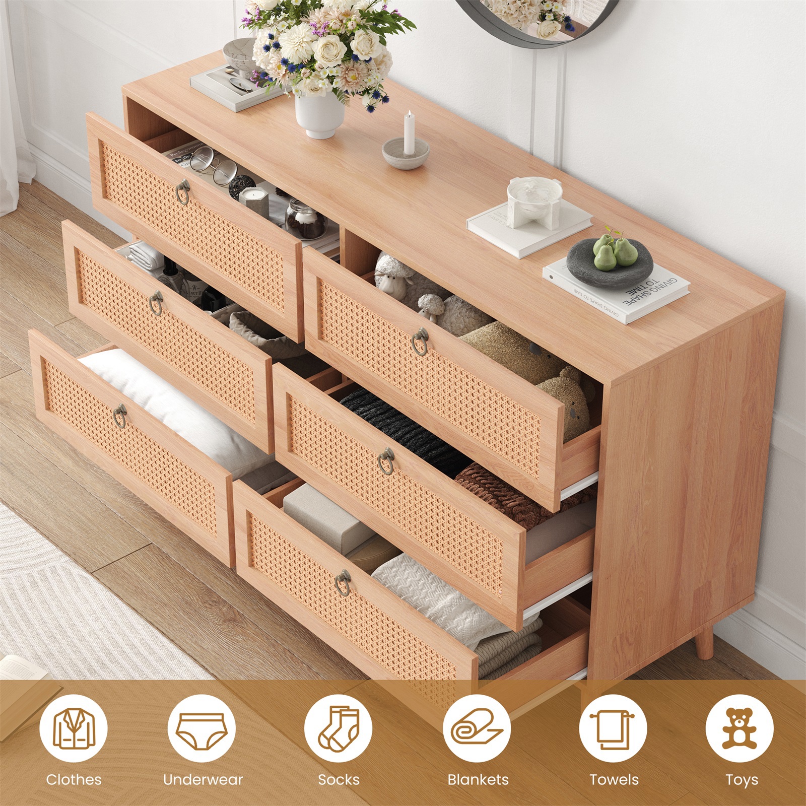 Hommoo Rattan 6 Drawer Double Dresser, Modern Storage Cabinet Chest of Drawers for Home, Natural