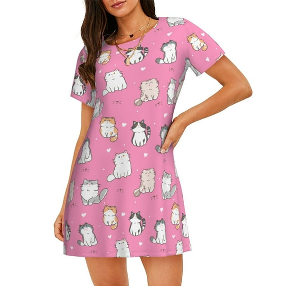 Cute Cat Women'S Nightgown Sleepwear Short Sleeves Nightshirt Loose Comfy Pajama X-Large