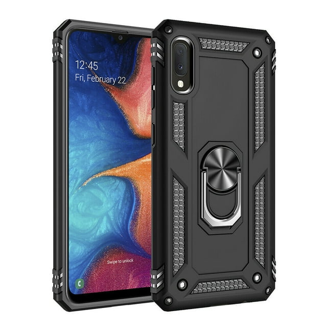 Samsung Galaxy A10e Kickstand Rotating Ring Case, a rugged hybrid cell phone accessory designed for shock absorption and durability. Features include a 360-degree rotating ring holder for secure grip and hands-free use, a kickstand for media viewing, and compatibility with magnetic car mounts. Constructed with dual-layer TPU and polycarbonate materials for protection against drops and scratches. Displayed in a textured black finish.