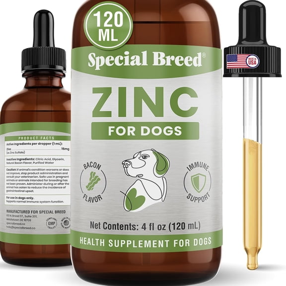 Zinc for Dogs - Liquid Dog Zinc Supplement for Immune Support, Healthy Skin & Coat - 15 mg Zinc Per Serving - Bacon Flavor - 4oz