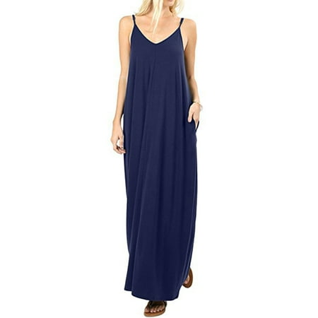 Avon Black Dress Women Boho Long Maxi Dress Casual Spaghetti Strap Cami Sleeveless V-neck Loose Oversized Solid Party Beach Sundress ()