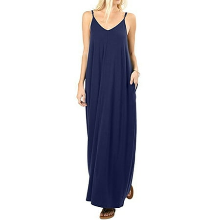 Women Boho Long Maxi Dress Casual Spaghetti Strap Cami Sleeveless V-neck Loose Oversized Solid Party Beach