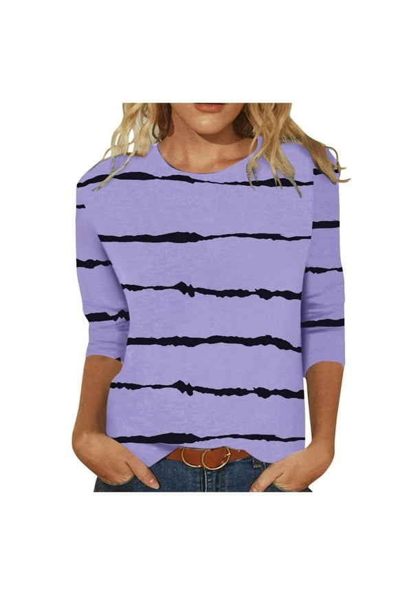 Womens 3/4 Sleeve Tops Crewneck Tie Dye Striped Printed Trendy T Shirts Casual Basic Spring Fall Clothes Tunic Blouses