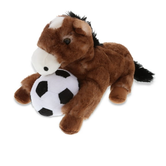 DolliBu Lying Brown Horse Stuffed Animal with Soccer Ball Plush - Soft Huggable Horse Adorable Playtime Plush Toy, Cute Farm Life Gift, Soccer Plush Animal Toy for Kids and Adults - 10.5 Inch