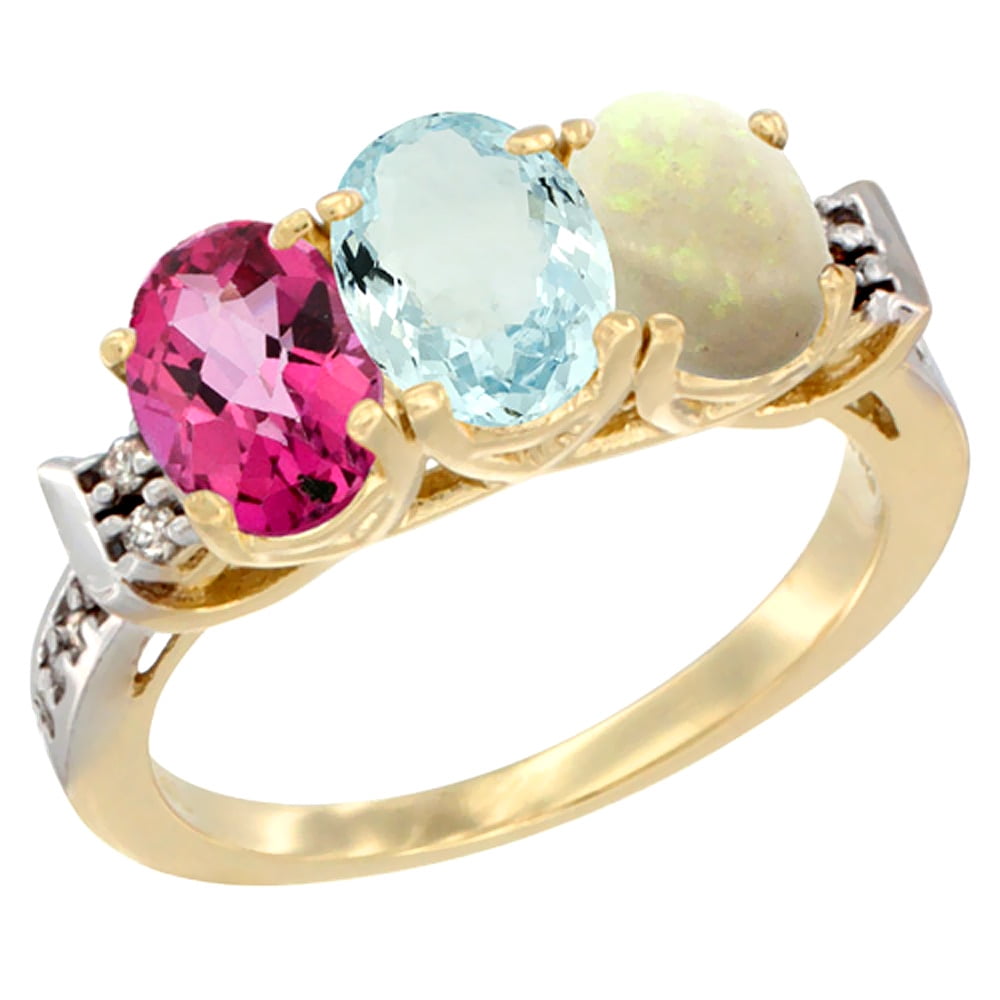 10K Yellow Gold Natural Pink Topaz, Aquamarine & Opal Ring 3-Stone Oval 7x5 mm Diamond Accent, sizes 5 10 by WorldJewels