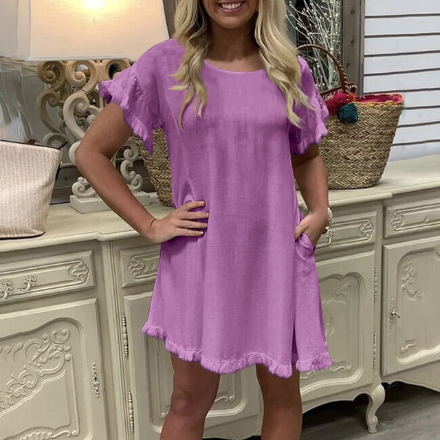 Robe en Lin Mélangé pour Femmes, Tunique Décontractée à Manches Courtes et Col Rond avec Poches, pour le Printemps et l'Été