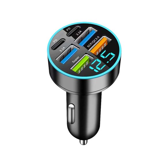 SharkTRUE High-Power 100W Car Charger: Fast Dual USB & Type-C, LED Voltage Display, Safe & Durable Design