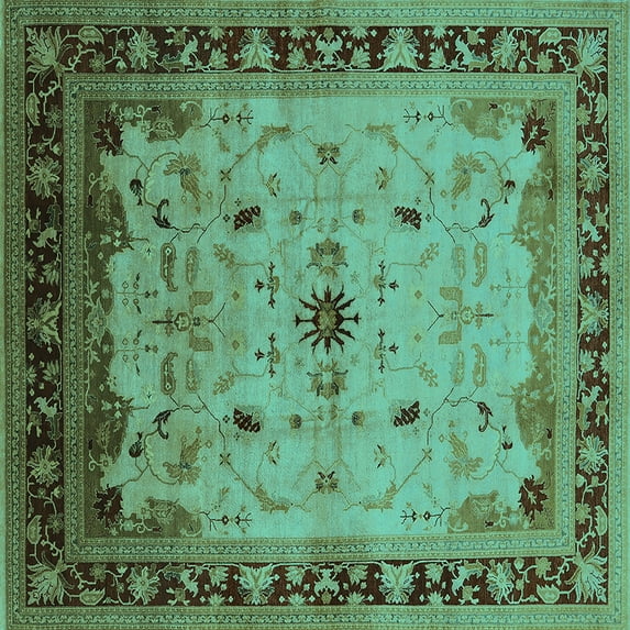 Ahgly Company Machine Washable Indoor Square Oriental Turquoise Blue Traditional Area Rugs, 4' Square