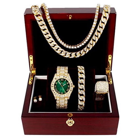 Charles Raymond Blinged Out Fully Iced Out Mens Big Rocks Bezel Money Green Dial with Roman Numerals, Cuban Chain Bracelet, Cuban Necklace, Tennis Chain & Ring - ST10327CRNT (12, Gold - Money Green)