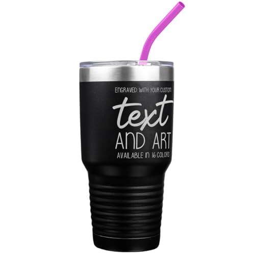 PlaqueMaker Customizable 30 oz Coffee Tumbler with Lid and Straw - Personalize with Your Text and Image. (Black)