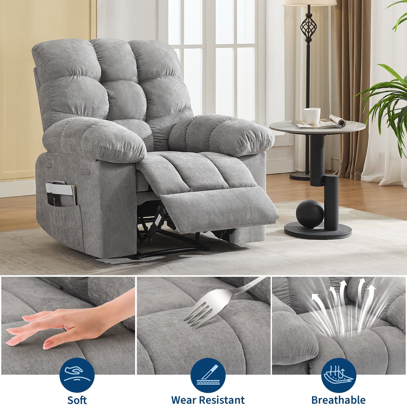 Nursery Rocking Chairs, Rocking Chair with Massage and Heat,Heat Ergonomic Overstuffed Breathable Fabric Reclining Chair with 2 Side Pockets, Remote Control, Living Room, Bedroom