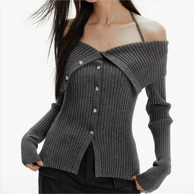 Suéter de Punto Acanalado Asimétrico para Mujer, Informal, Liso, Ajustado, de Larga. Gris Talla Única