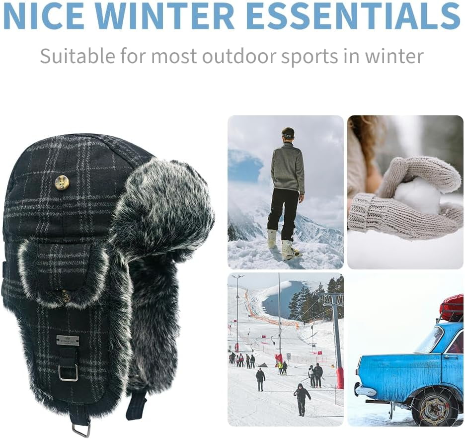 Fur Winter Trapper Hat,Wool Faux Fur Aviator Ski Trapper Trooper Pilot Snow Eskimo Hat with Ear Flaps for Men & Women