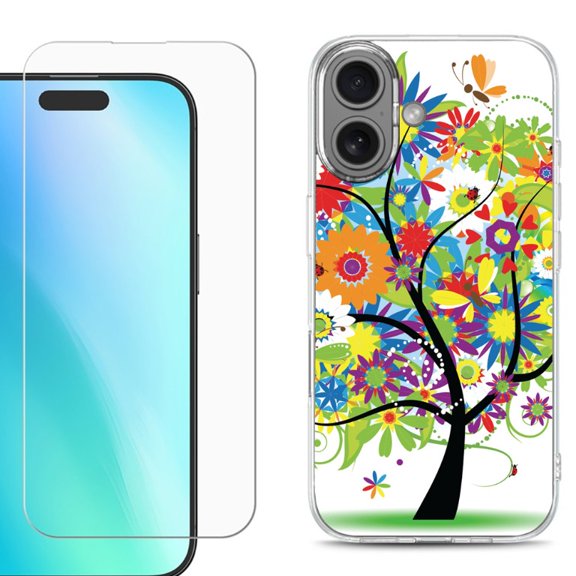 For iPhone 16 Phone Case Cover, Shockproof Case with Tempered Glass Screen Protector, by OneToughShield - Colorful Tree