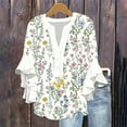 thumbnail image 2 of Oversized Shirts for Women New Summer Tops for Women Cute V Neck 3/4 Sleeve Dressy Blouses Floral Print Tees Dressy Casual Pleated Sleeves Shirts S, 2 of 5