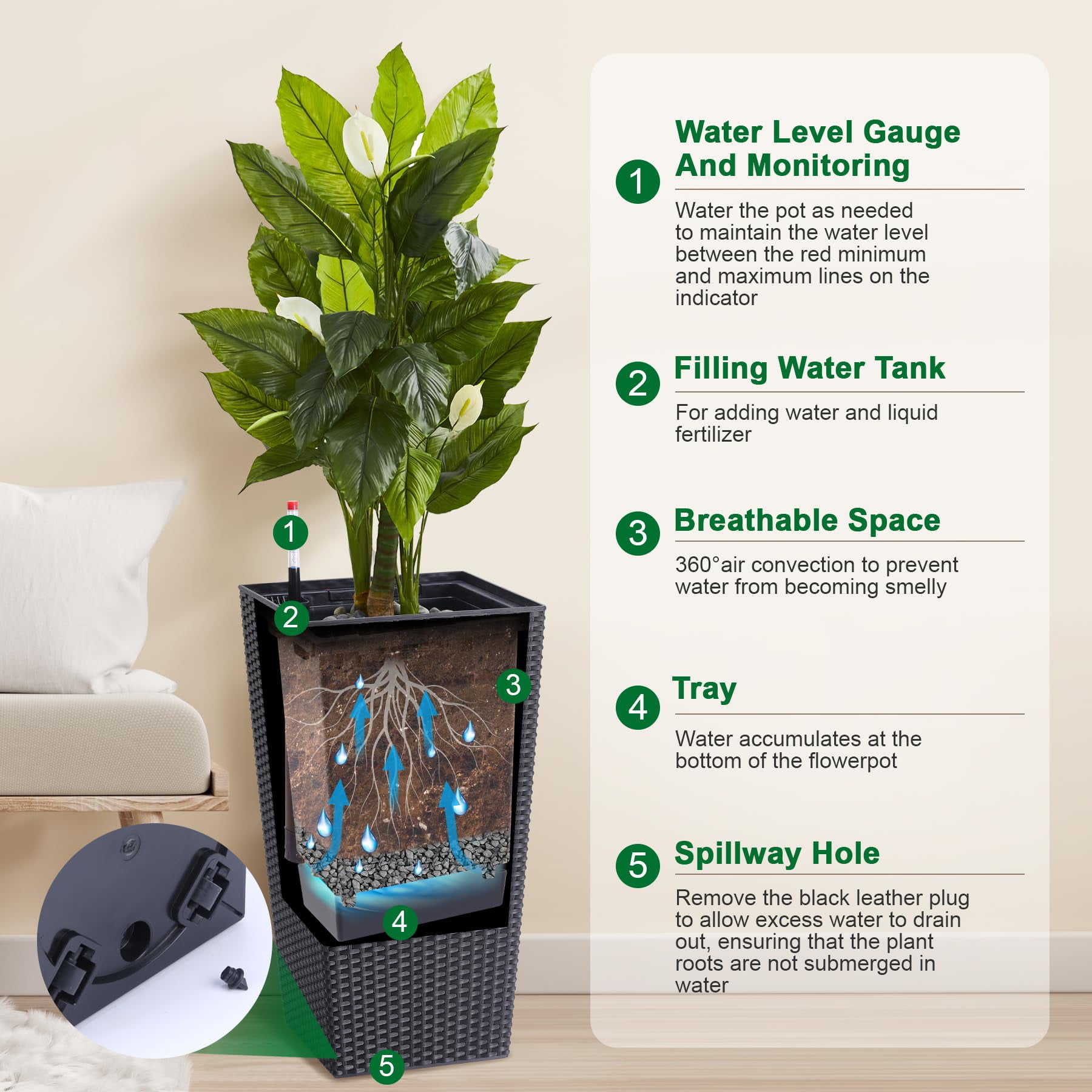 M optimized 23" Tall Planters Set of 2, Outdoor＆Indoor Rattan Planter Pots, High Front Porch Planter Pots with Drainage Holes＆Water Level Monitor＆Inner Bucket, Automatic Watering