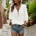 thumbnail image 6 of Elwylmiz Women's 3/4 Sleeve Tops Lace Up V Neck Blouses Boho Ruffled Trim Loose Fit Casual Shirts Summer Fall Outfits, 6 of 8