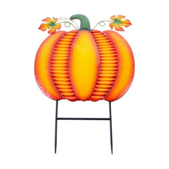 35 in. Pumpkin Metal Stake - Yellow & Orange - Green