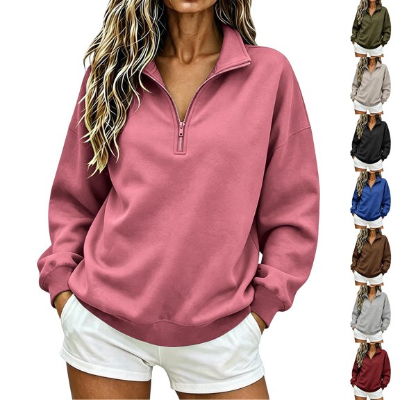 Women Sweatshirt Sevevn Quarter Zip Stand Collar Oversized Fit Soft Fleece Fabric Drop Shoulder Long Sleeve Pullover Top For Daily Casual Lounging Outdoor Wear