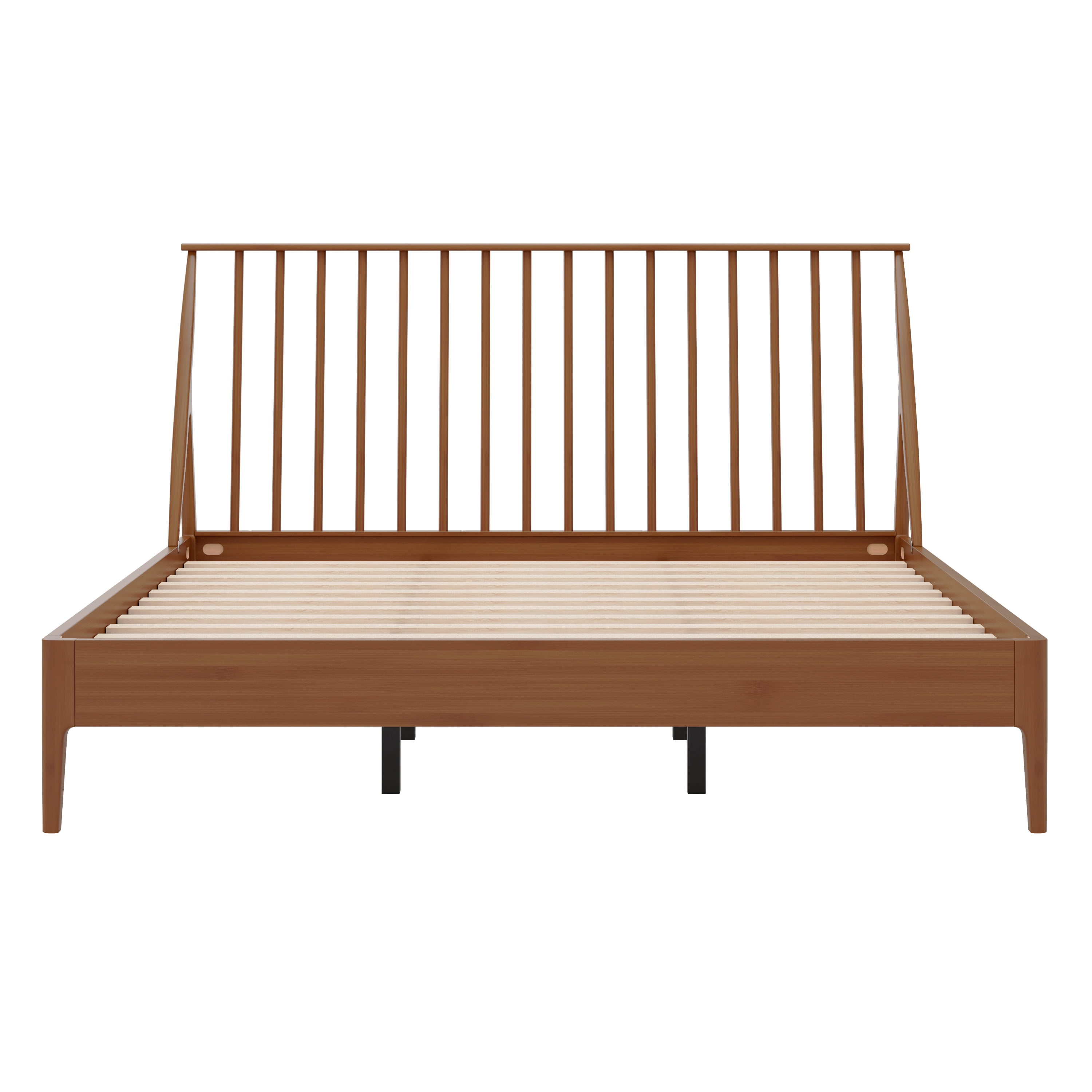 Euroco Bamboo Wood Spindle King Size Platform Bed with Tall Headboard, Bohemian Bed Frame with Wooden Slats and Metal Support, Mid-Century Modern Style, Warm Brown