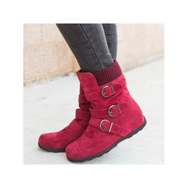 UKAP Womens Winter Boot Strap Buckle Mid Calf Boots Side Zipper