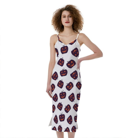 Purple Halloween Pumpkin Pattern Print Slim Fit Midi Cami Dress, Halloween Decorative Fashion Summer Maxi Sexy Casual Dress For Women