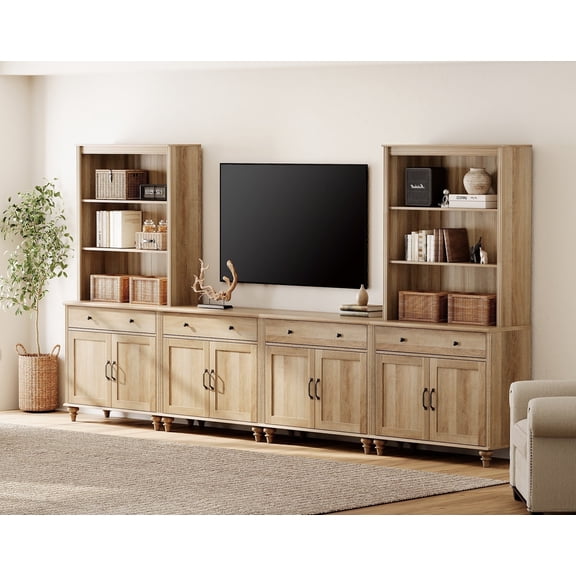 WAMPAT Television Stands with Bookshelves for TVs up to 75", Farmhouse Wall Unit TV Stand with 8 Doors & 4 Drawer, Media Console Table for Living Room, Bedroom & Home Theater, Oak