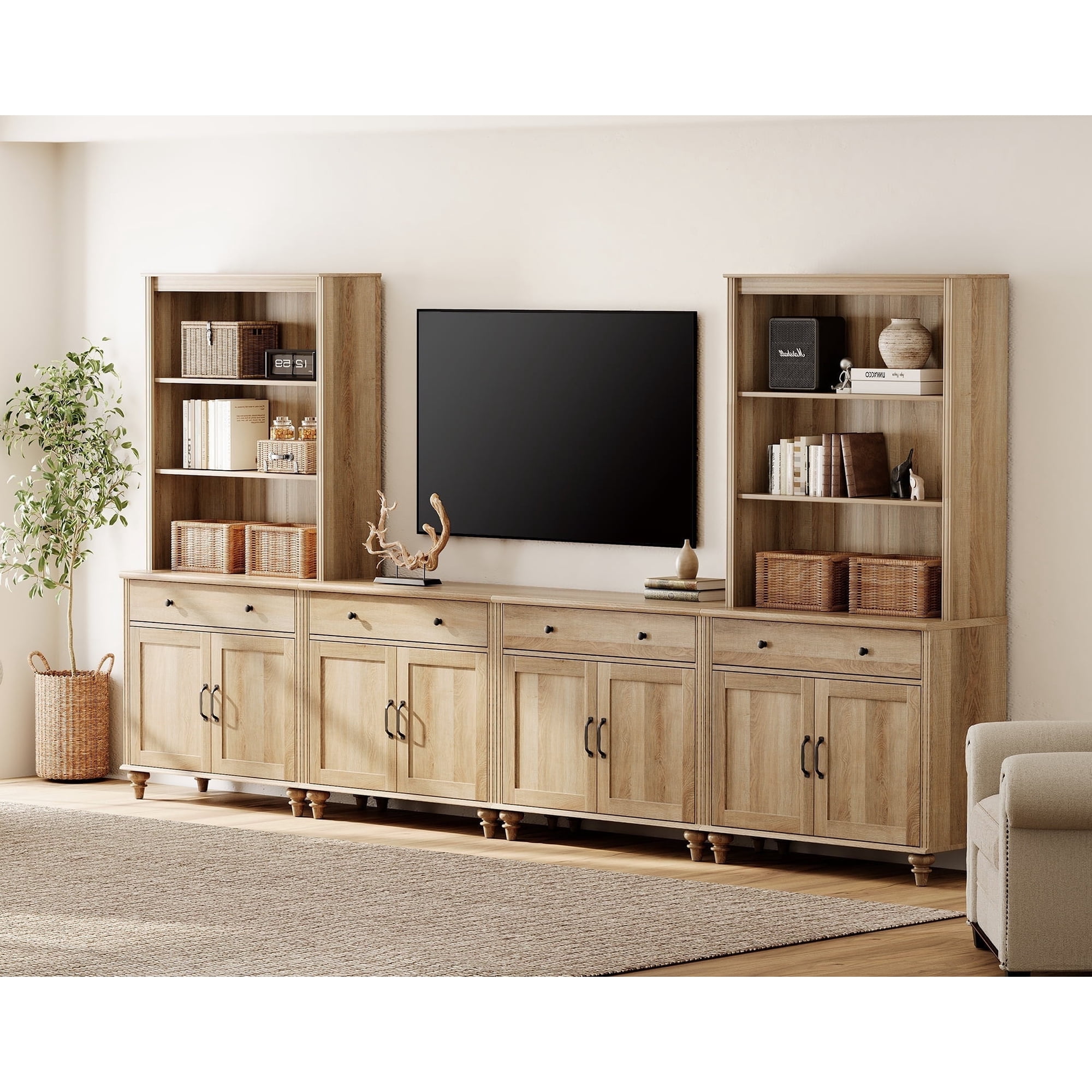 WAMPAT Television Stands with Bookshelves for TVs up to 75", Farmhouse Wall Unit TV Stand with 8 Doors & 4 Drawer, Media Console Table for Living Room, Bedroom & Home Theater, Oak