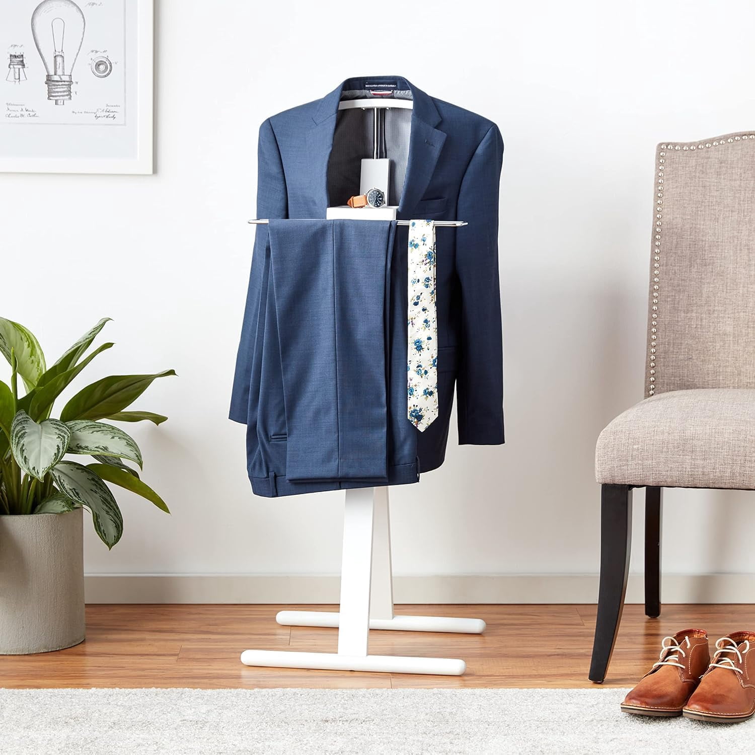 Proman Products Modern Decorative Valet Stand with Bend Wood Hanger - White