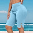 thumbnail image 5 of AKOEE Women's Plus Size Leggings Shorts with Side Buttons High Waist Stretchy Soft Workout Biker Yoga Shorts (L, Light Blue), 5 of 8