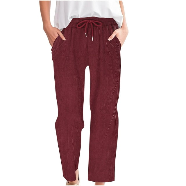Ohufall Summer Lounge Pants for Womens Solid Comfy Full Length Plus Size Casual Pants Elastic Waisted Drawstring Straight Leg Pull-on Pants with Pockets, S-3XL