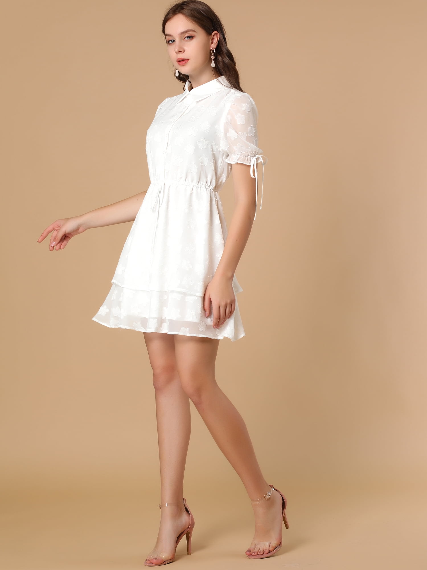 DARING DIVA Solid Short Sleeve A-Line Shirt Dress XS White