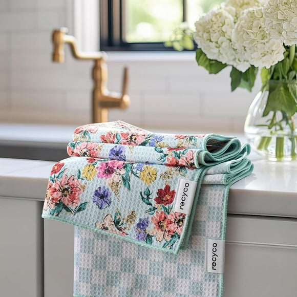 RECYCO Waffle Kitchen Towel Set of 2 - Quick Dry Microfiber Sustainable Dish Towels - Absorbent Reusable Cleaning Tea Towels - Lightweight Hand Towels,16\u201dx 28\u201d, Cuckoo Checker