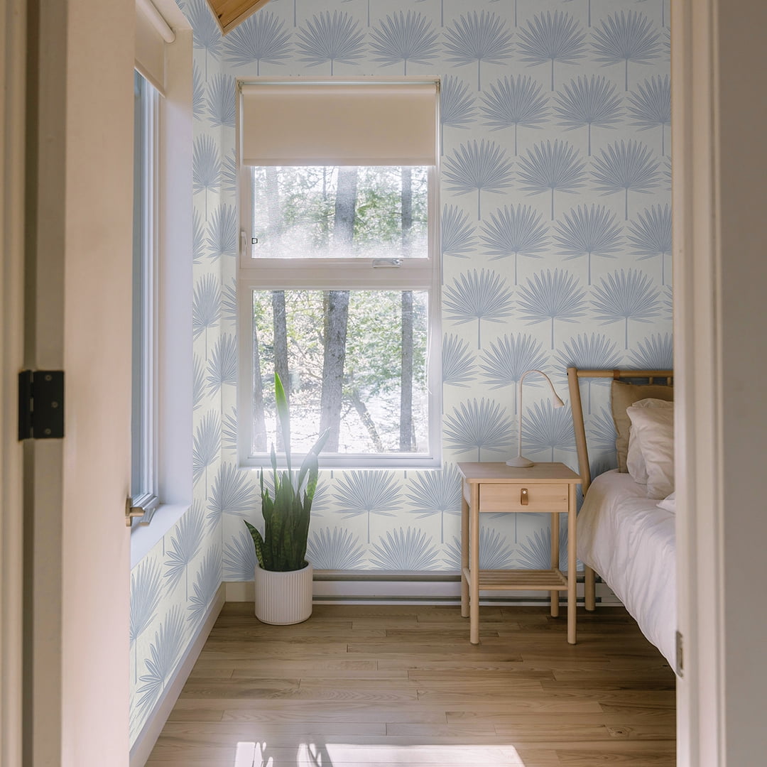 Stamped Palm Blue and Off-White Peel and Stick Wallpaper, 20.5" x 16.5'