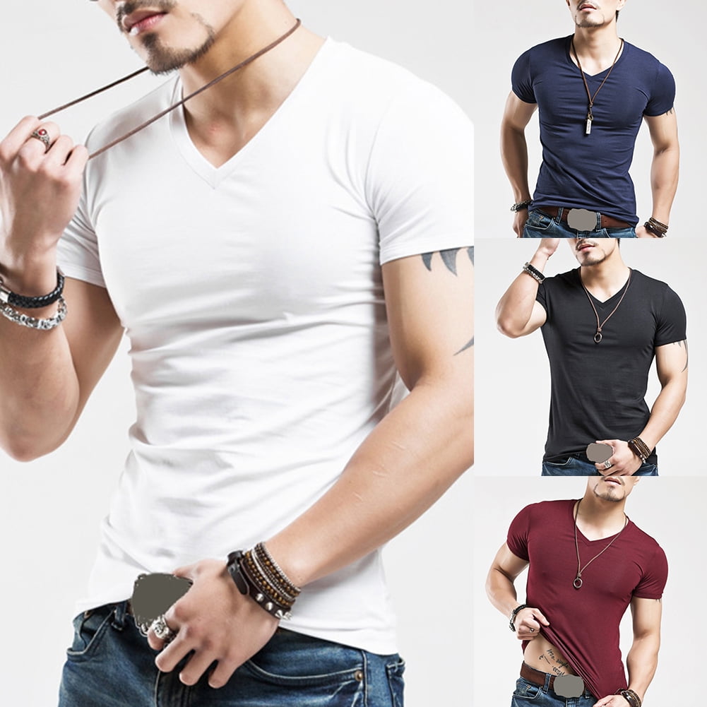 Men's V Neck Casual T-shirt Short Sleeve Basic Tee Summer Slim Fit Solid Simple