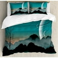 thumbnail image 3 of Space Duvet Cover Set, Night Sky on Mountain Range Forest Crescent Moon Star Cosmic Infinity Astral Graphic, Decorative 2 Piece Bedding Set with 1 Pillow Shams, Twin Size, Teal Black, by Ambesonne, 3 of 3