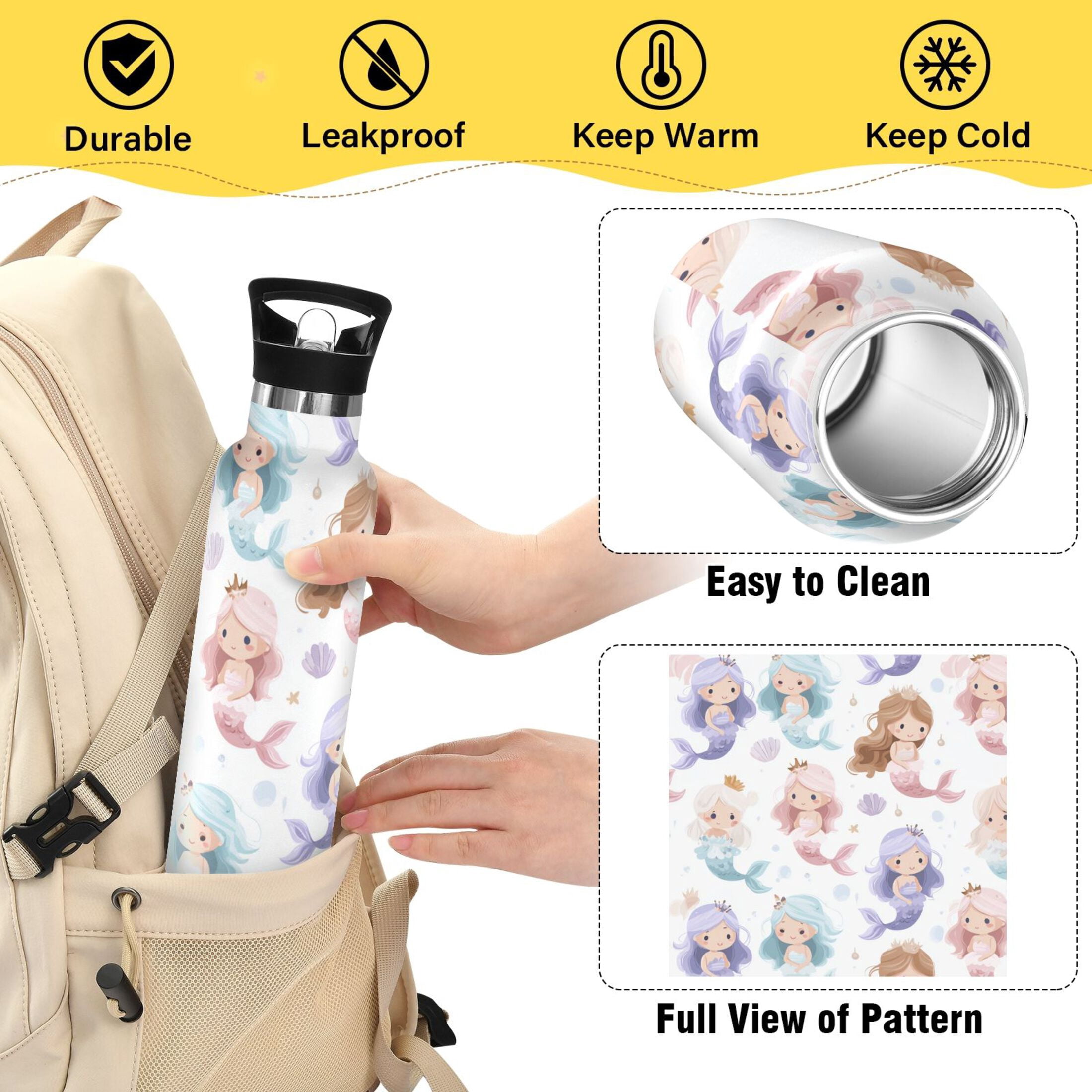 Kids Insulated Stainless Steel Sports Water Bottle 600ml (20oz) Cartoon Mermaids