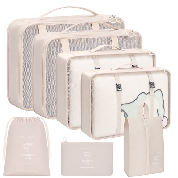 7pcs Packing Cubes Khaki Portable Lightweight Mesh Breathable Luggage Packing Bags for Cosmetics Underwear Clothes Shoes Daily Necessities