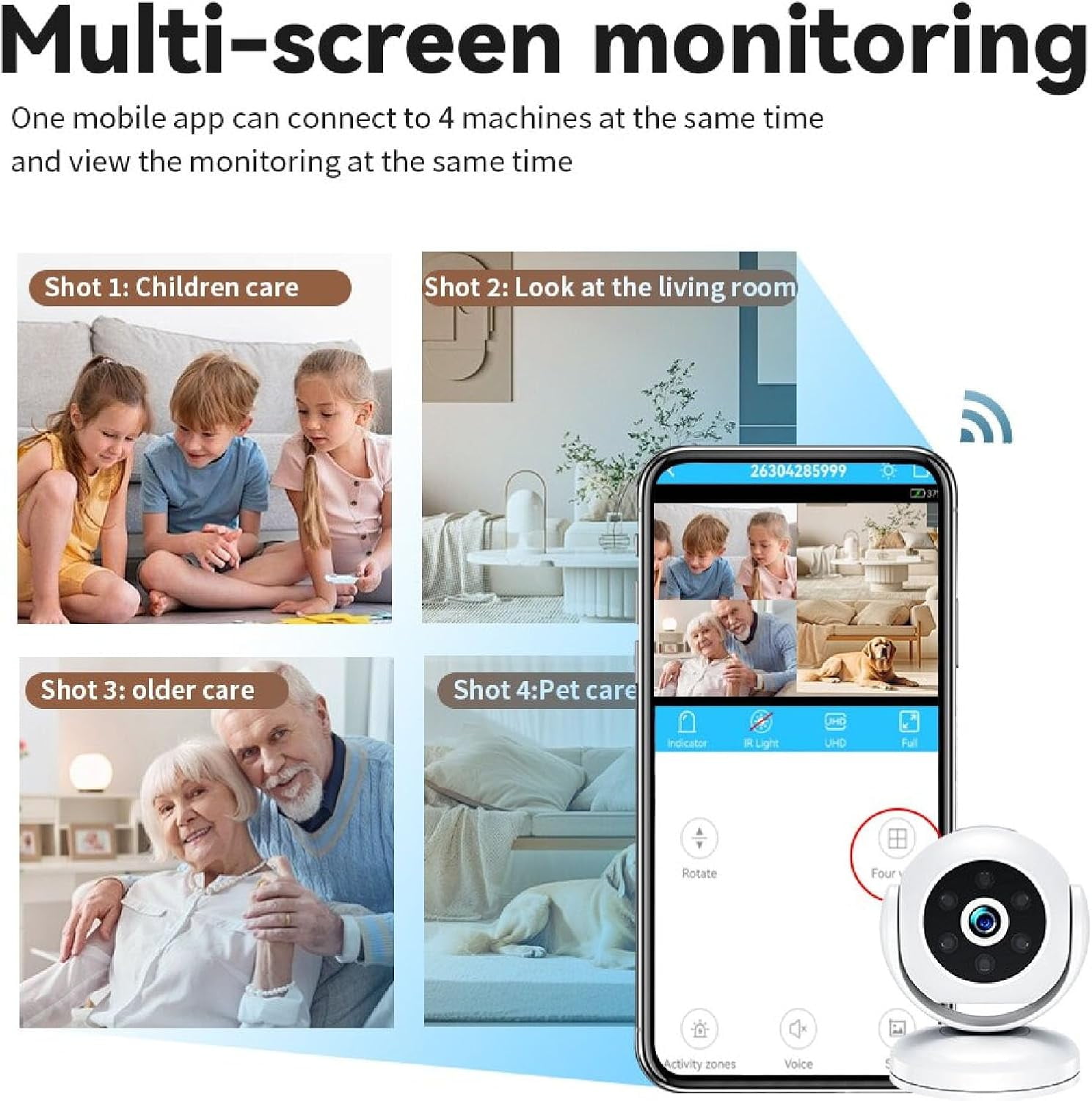 170 ° Wide Angle Magnetic Indoor Camera - Mini Wireless IR Night Vision, Motion Detection Quad Screen Surveillance Cam for Pet/Baby/Nanny Monitor