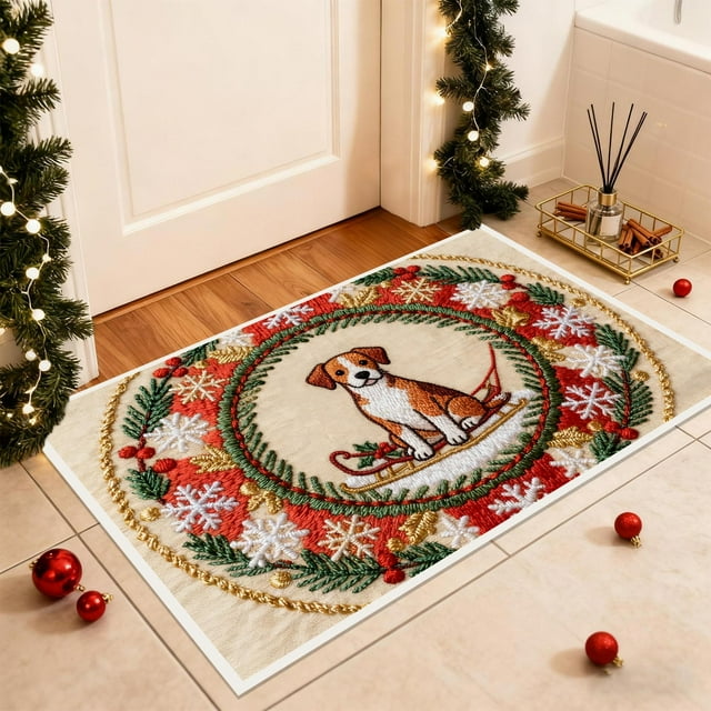 Christmas Holiday Embroidery Style Non-Slip Absorbent Kitchen Floor Mat, Washable Indoor Doormat for Entryway Bathroom Laundry Room Decor
