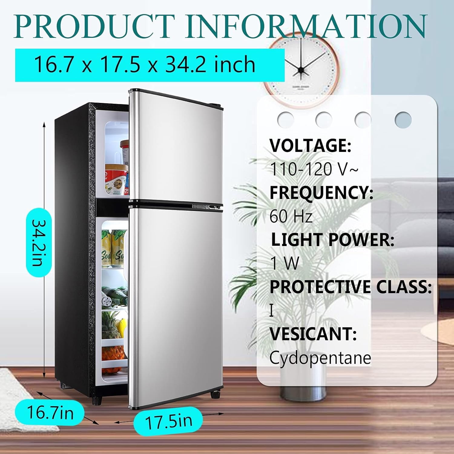 3.5 Cu.Ft Double Door Mini Fridge with Freezer, Compact Refrigerator with 7-Level Thermostat, Low Noise Energy Saving, Removable Glass Shelves, Silver