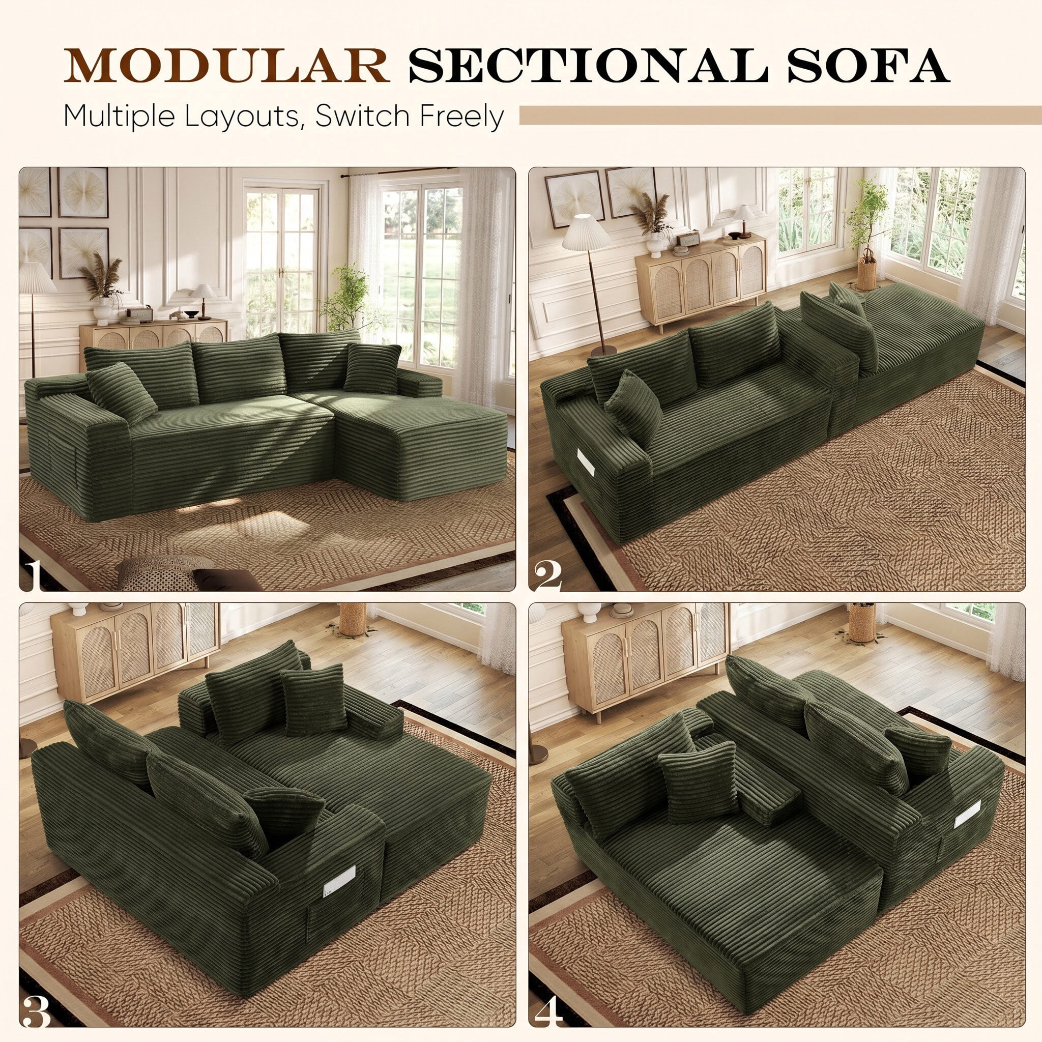 Lunale Small Modular Sectional Sofa with Movable Chaise, L-Shaped Boneless Cloud Couch for Living Room, Green (Right Facing Chaise)