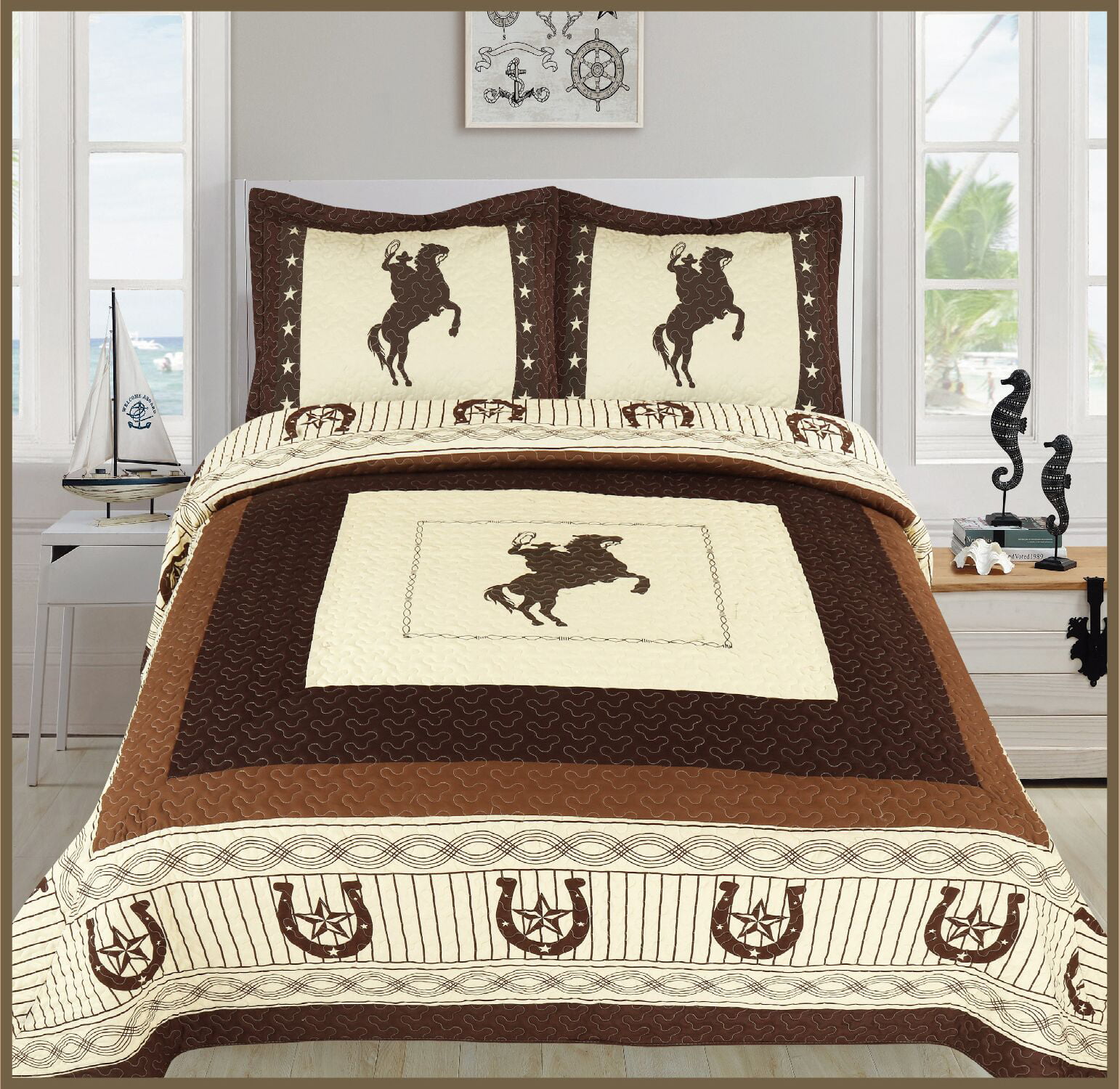 Beige Western Horseshoe Star Riding Cowboy Design Quilt BedSpread! 