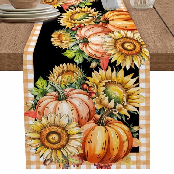 nqOlkjepod Burnt Orange Yellow Pumpkins Fall Table Runner 108 Inches Long Farmhouse Dress Scarves, Thanksgiving Sunflower Plaid Dining Tablerunner for Coffee Table/Kitchen Island/Party, 13"x108"