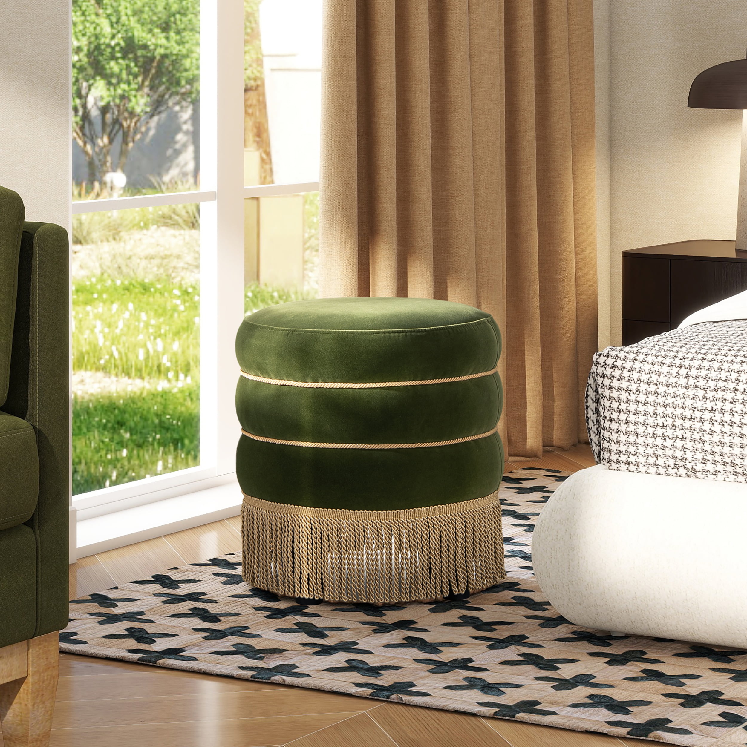 Ottomans With Storage Edward 17.5" Round Upholstered Ottoman with Bullion Fringe, Olive Green Performance Velvet,Living Room Ottomans