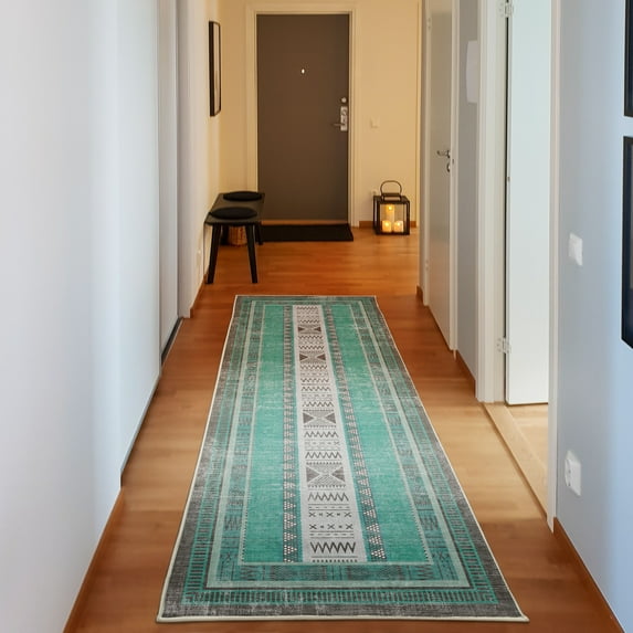 Tribal Decorative Rug, Traditional Folk Striped Look Design and Ethnic Geometric Shapes Triangles Print, Quality Carpet for Bedroom Dorm and Living Room, 6 Sizes, Seafoam Grey, by Ambesonne