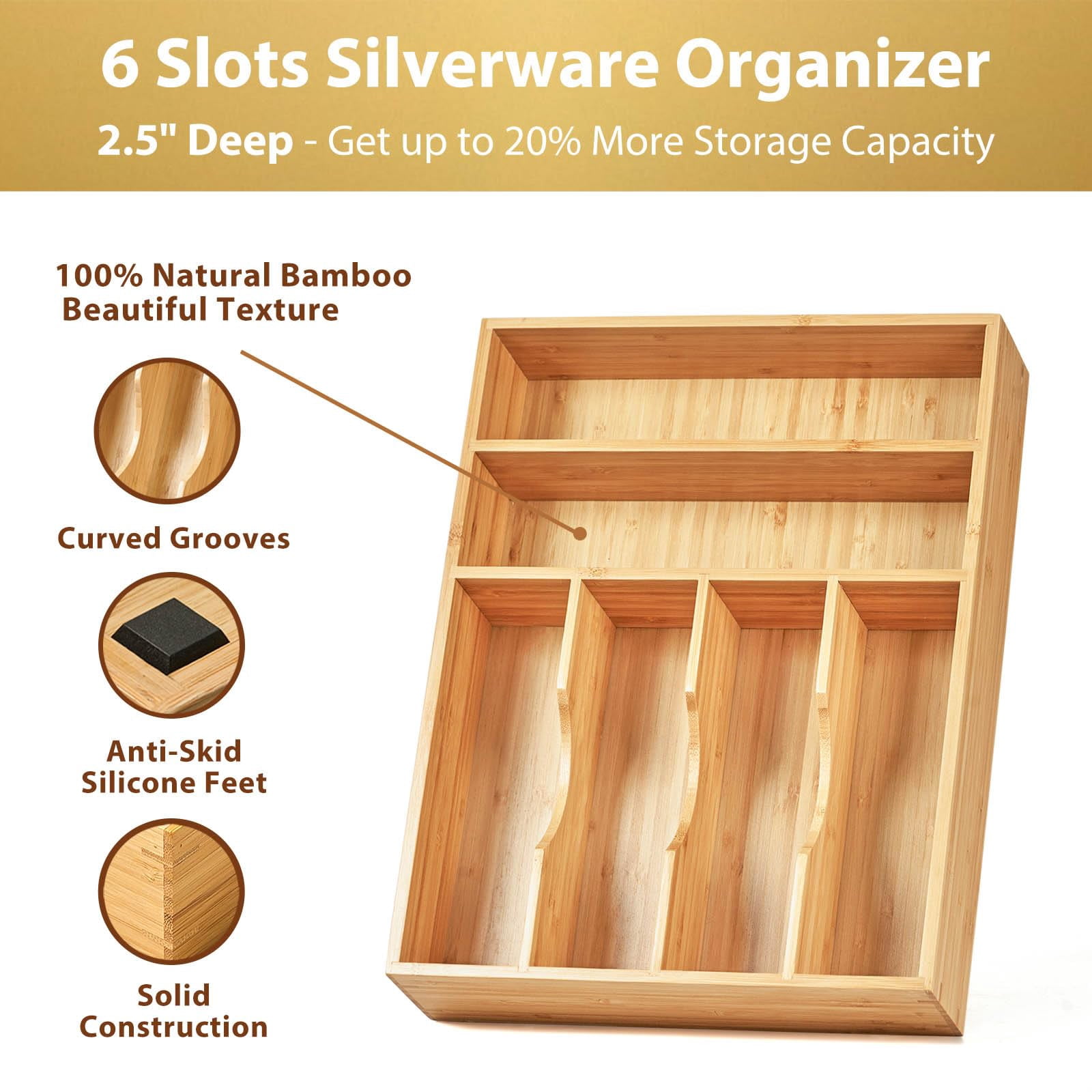 Kitchen Drawer Organizer Utensil Tray Holder, Extra Deep Bamboo Wood Caddy with Non-Slip Feet and Grooved Divider, 7 Slots for Flatware Cutlery Knives
